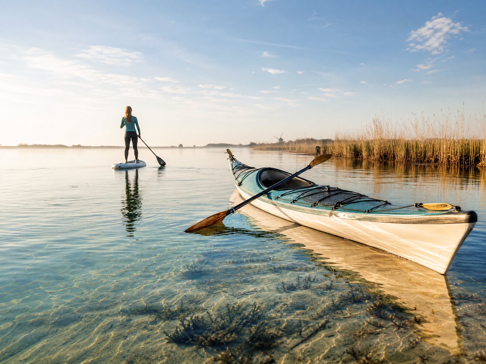 SUP-boarder en kajak op helder water in fris ochtendlicht