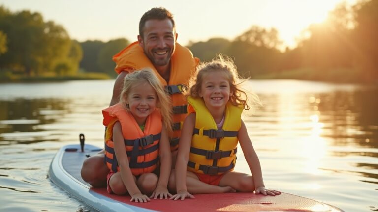 Gezin op SUP board watersport met kinderen