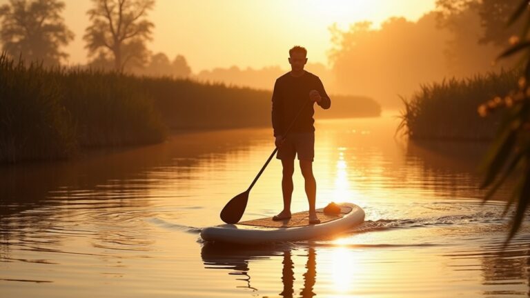 SUP board op rustig Nederlands water bij zonsondergang